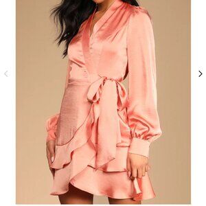 Lulu's Glow Forever Peach Pink Long Sleeve Ruffled Wrap Mini Dress